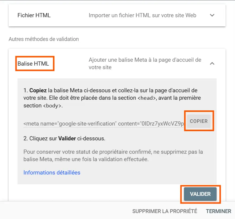 code de validation de google search console