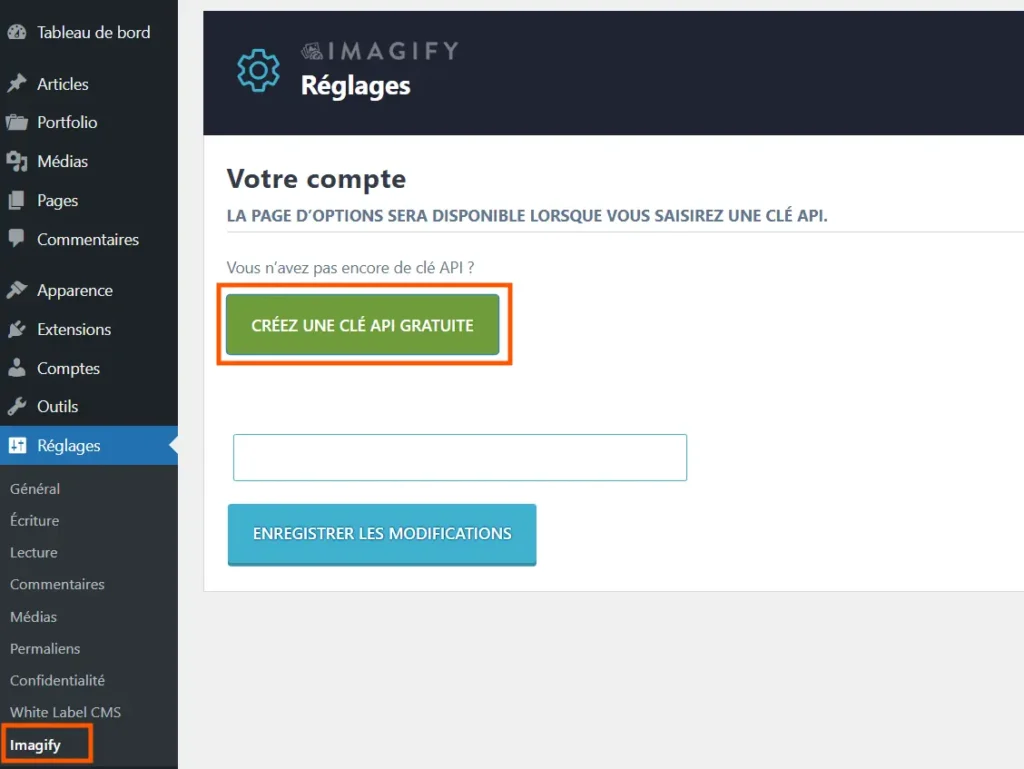 créer une clé api pour imagify