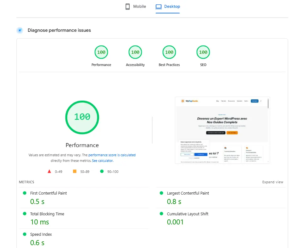 diagnostique vitesse wordpress du site wptopguide