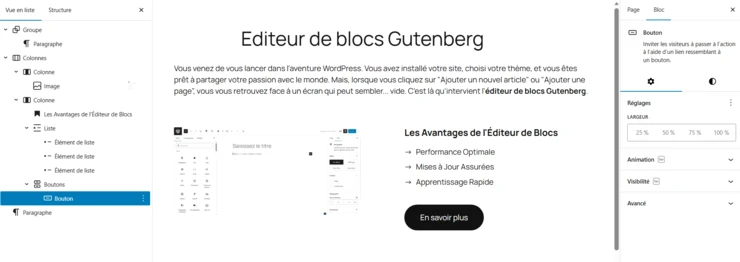 un exemple avec l'editeur de blocs Gutenberg