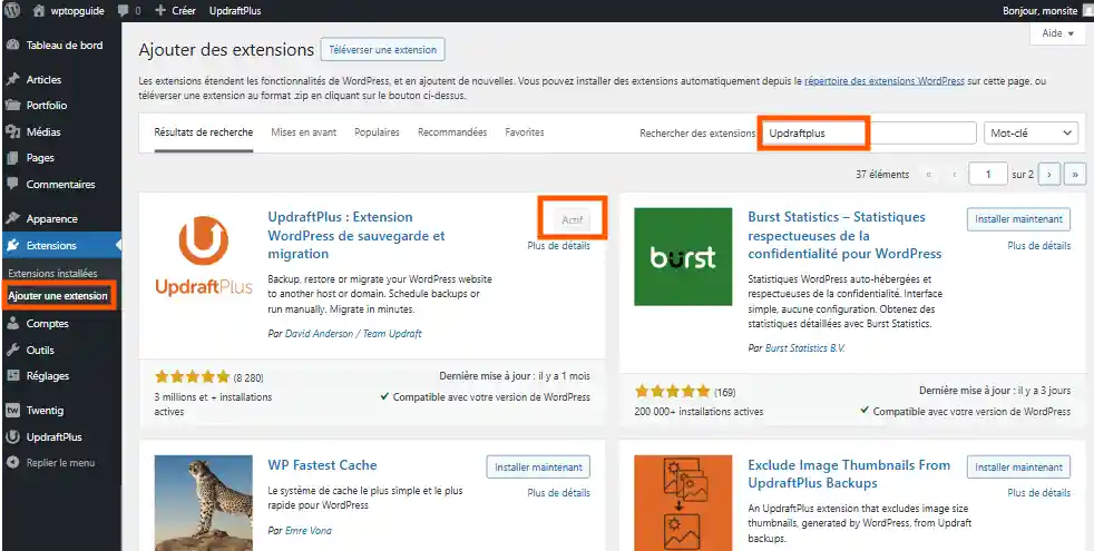 installer updraftplus sur wordpress