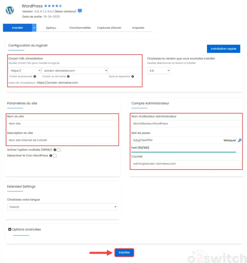 installer wordpress avec softaculous sur O2switch