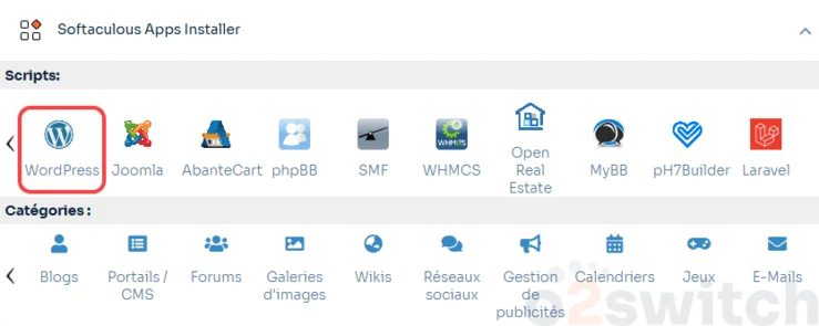 installer wordpress sur o2switch avec softaculous