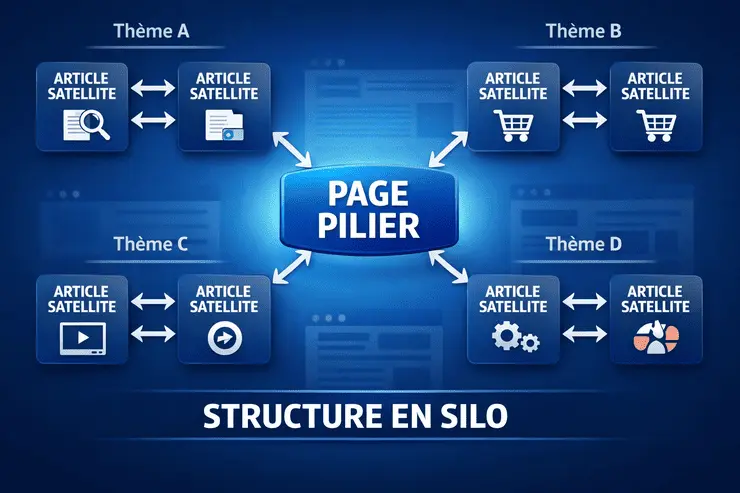Une infographie représentant la structure en silo avec une page pilier centrale connectée par des flèches bidirectionnelles à plusieurs articles satellites thématiques.