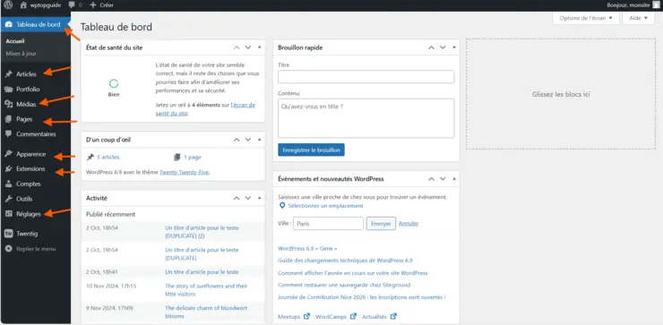 tableau de bord WordPress
