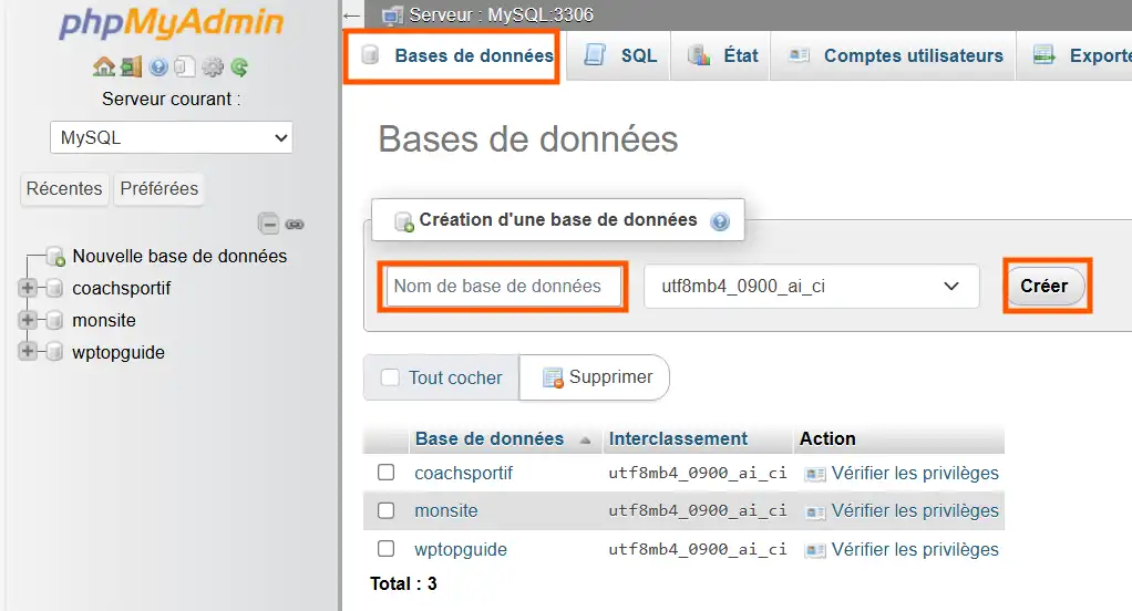 creer database phpmyadmin