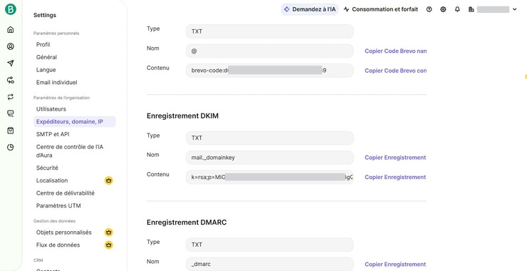enregistrement dns brevo