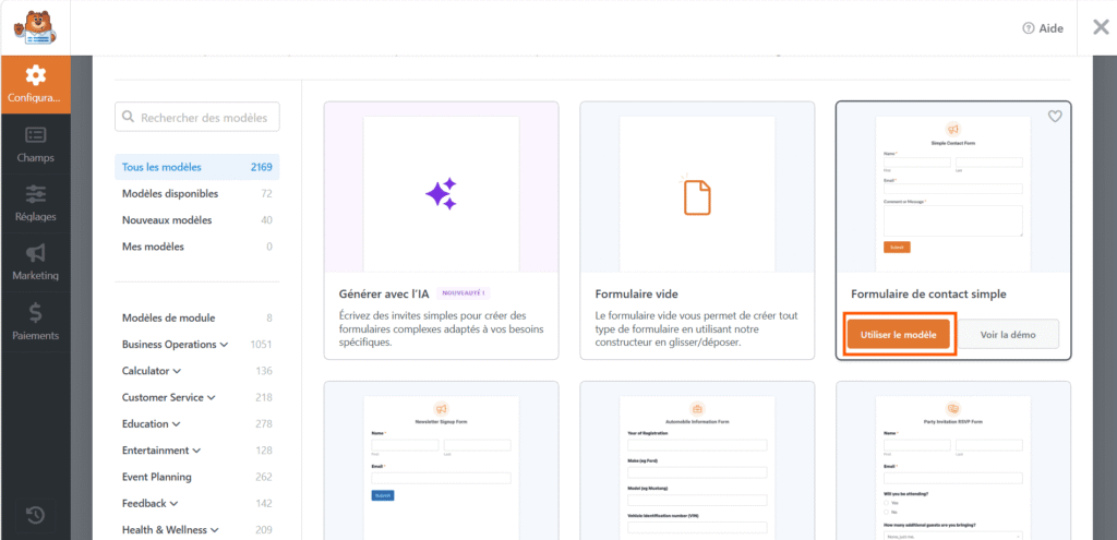 selection formulaire de contact simple