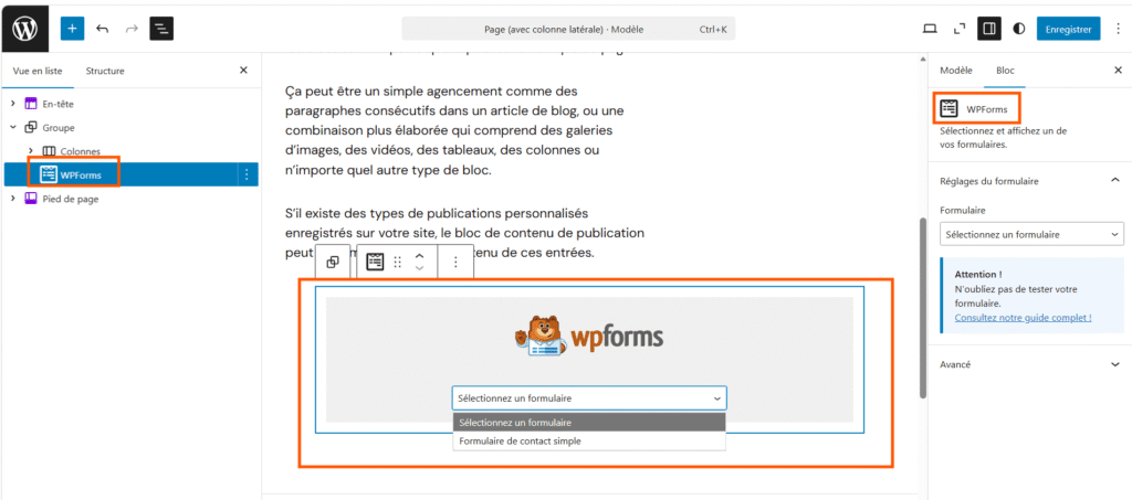 gutenberg selection du formulaire wpforms
