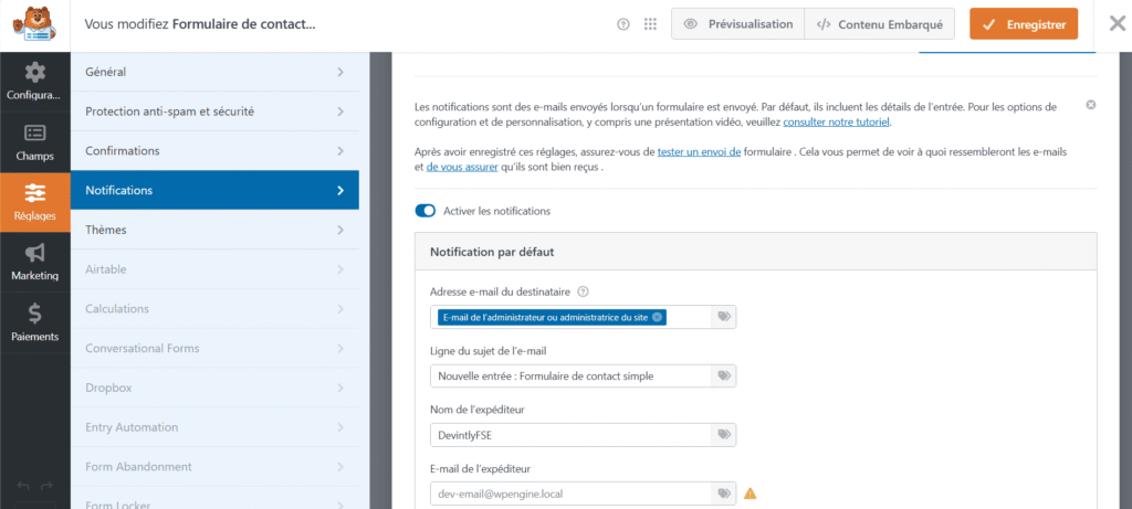WPForms Réglages Notifications champs de configuration