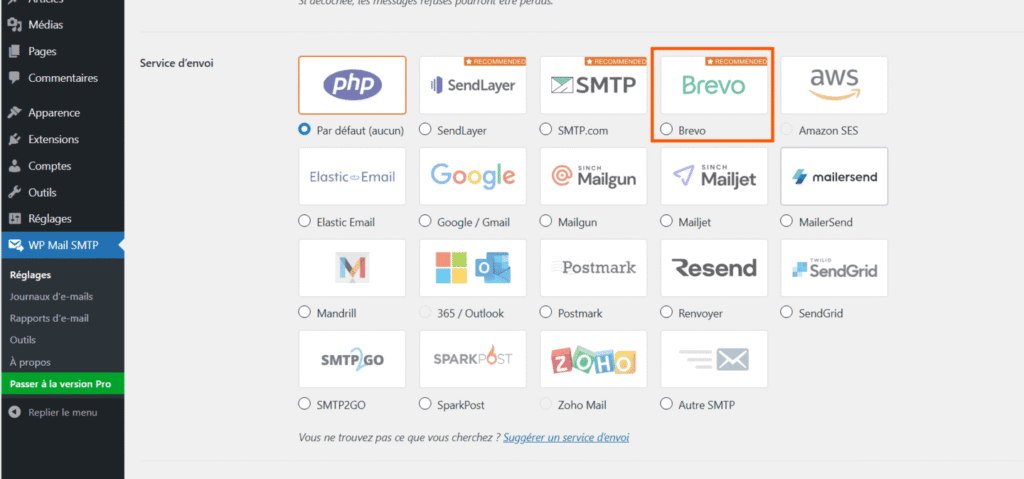 selectionner brevo avec wp mail smtp